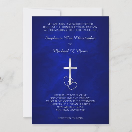 Blue Silver Christelijk Cross Wedding Uitnodiging (Voorkant)