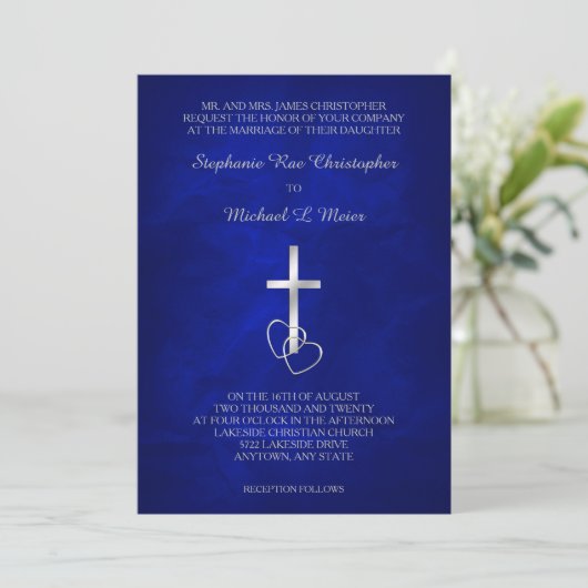 Blue Silver Christelijk Cross Wedding Uitnodiging (Staand voorkant)