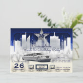 Blue Silver City Naight Lights Limo Birthday Party Kaart (Staand voorkant)