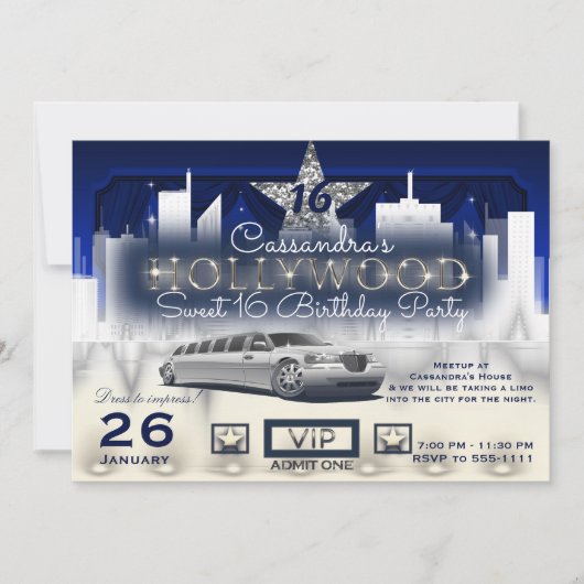 Blue Silver City Night Lights Limo Hollywood Party Kaart (Voorkant)