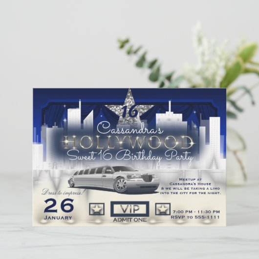 Blue Silver City Night Lights Limo Hollywood Party Kaart (Staand voorkant)