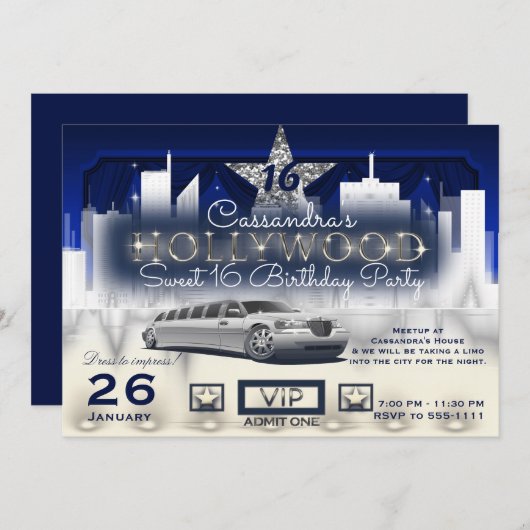 Blue Silver City Night Lights Limo Hollywood Party Kaart (Voorkant / Achterkant)