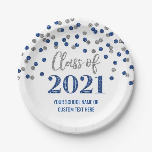 Blue Silver Confetti Afstuderen 2021 Papieren Bordje (Voorkant)