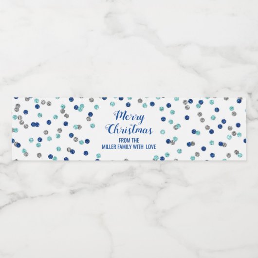 Blue Silver Confetti Custom Merry Christmas Waterfles Etiket (Enkel label)