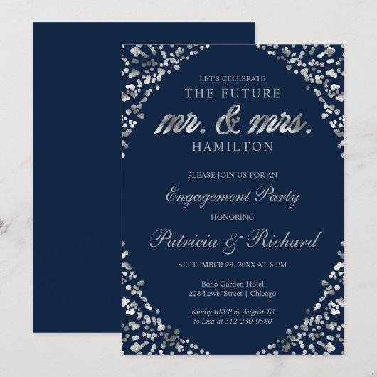 Blue Silver Confetti Engagement Party - Uitnodigin Aankondiging (Voorkant / Achterkant)