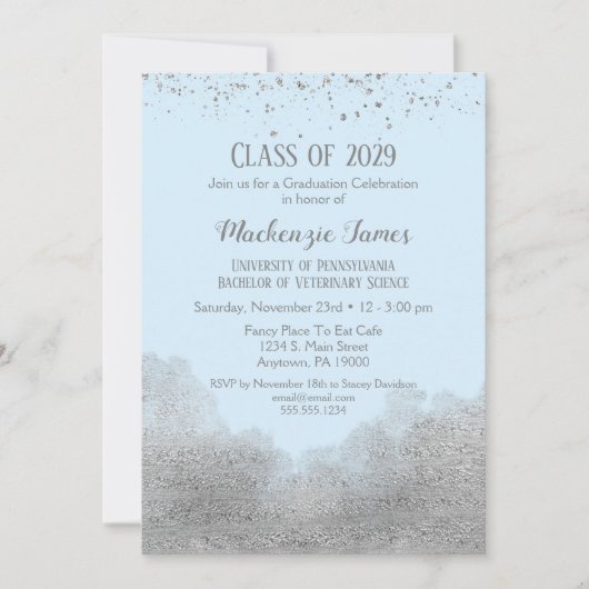 Blue Silver Confetti Graduation Party Invitation Kaart (Voorkant)