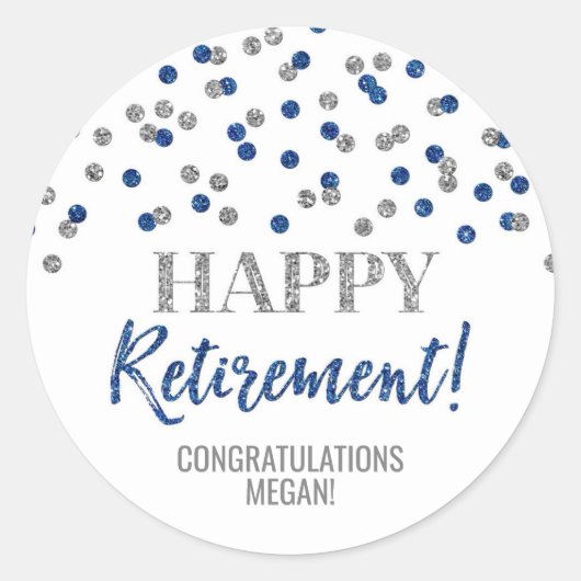Blue Silver Confetti Happy Retirement Ronde Sticker (Voorkant)