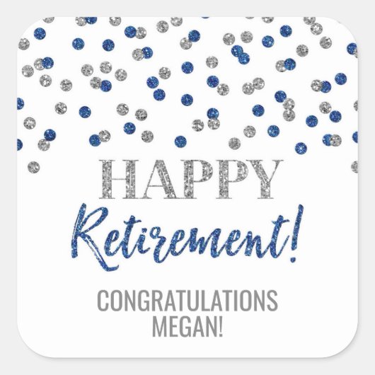 Blue Silver Confetti Happy Retirement Vierkante Sticker (Voorkant)