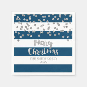 Blue Silver Confetti Merry Kerstmis Napkin Servetten