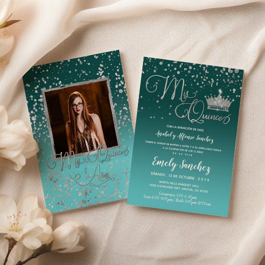 Blue Silver Confetti Mis Quince Anos foto Spaans Kaart