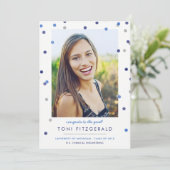 Blue & Silver Confetti Photo Afstuderen Invitation Kaart (Staand voorkant)
