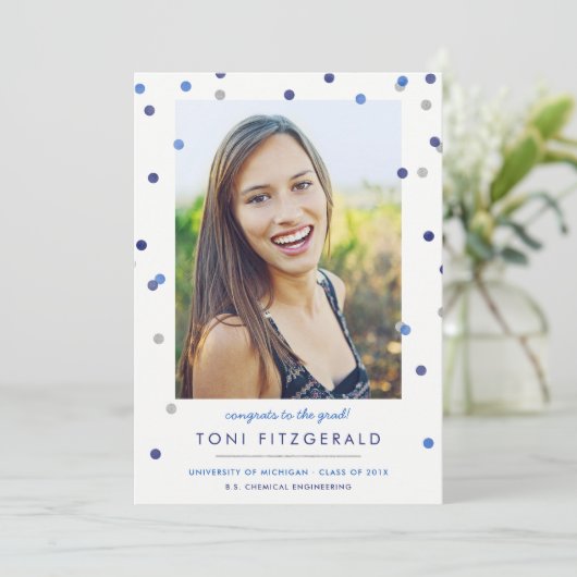 Blue & Silver Confetti Photo Afstuderen Invitation Kaart (Staand voorkant)