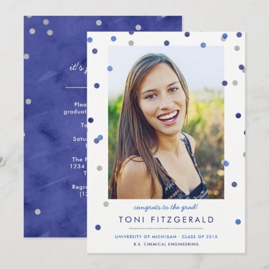 Blue & Silver Confetti Photo Afstuderen Invitation Kaart (Voorkant / Achterkant)