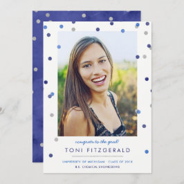 Blue & Silver Confetti Photo Afstuderen Invitation Kaart