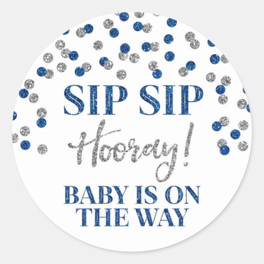 Blue Silver Confetti Sip Sip Hooray Ronde Sticker (Voorkant)