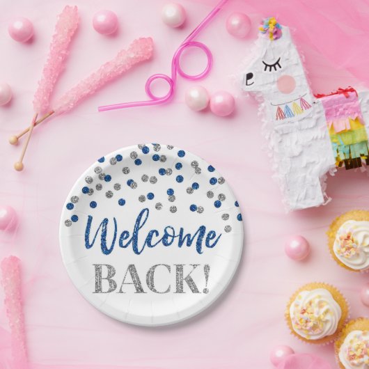 Blue Silver Confetti Welcome Back Paper Borden Papieren Bordje (Feest)