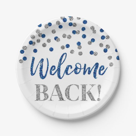 Blue Silver Confetti Welcome Back Paper Borden Papieren Bordje (Voorkant)