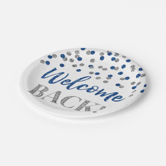 Blue Silver Confetti Welcome Back Paper Borden Papieren Bordje (Gekanteld)