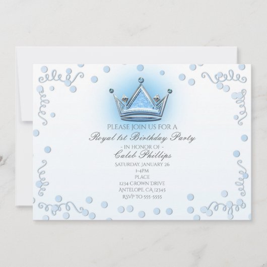 Blue & Silver Crown Party Confetti uitnodiging (Voorkant)