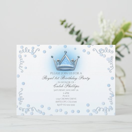 Blue & Silver Crown Party Confetti uitnodiging (Staand voorkant)