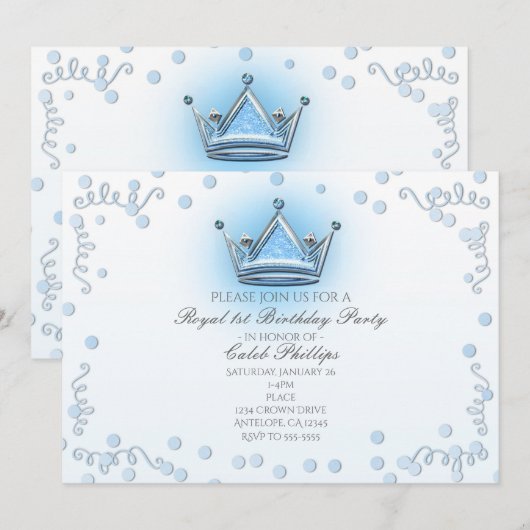 Blue & Silver Crown Party Confetti uitnodiging (Voorkant / Achterkant)