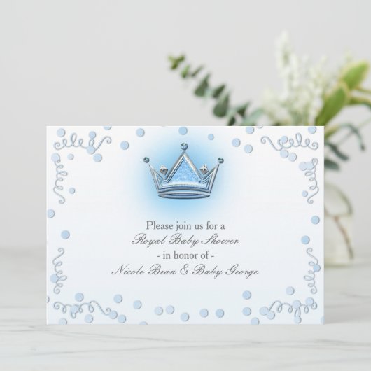 Blue & Silver Crown Party Confetti uitnodiging (Staand voorkant)