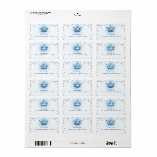Blue & Silver Crown Party Confetti uitnodiging Etiket (Full Sheet)