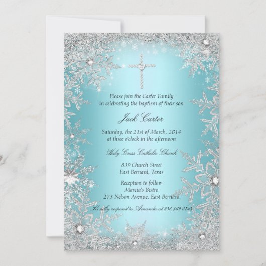 Blue Silver Crystal Snowflake Baptism/Christening Kaart (Voorkant)