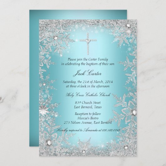 Blue Silver Crystal Snowflake Baptism/Christening Kaart (Voorkant / Achterkant)