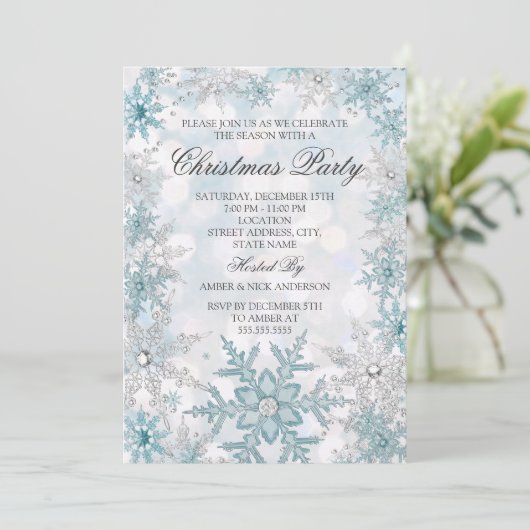 Blue Silver Crystal Snowflake kerstparty 2021 Kaart (Staand voorkant)