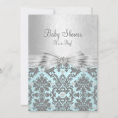 Blue & Silver Damask Baby shower Invitation Kaart (Voorkant)