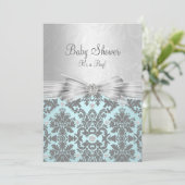 Blue & Silver Damask Baby shower Invitation Kaart (Staand voorkant)