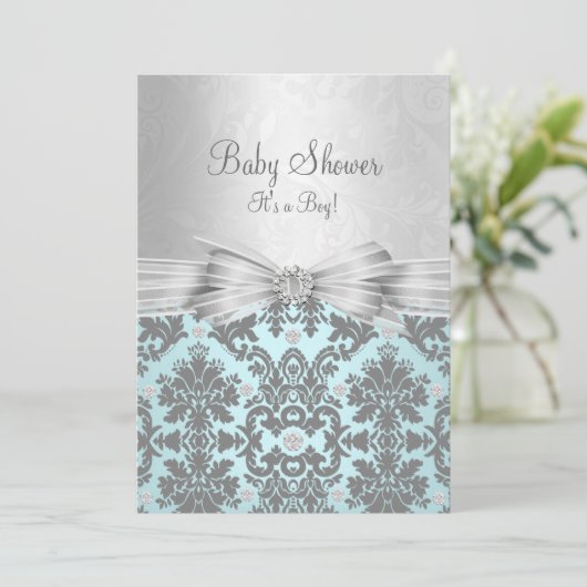 Blue & Silver Damask Baby shower Invitation Kaart (Staand voorkant)