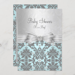 Blue & Silver Damask Baby shower Invitation Kaart
