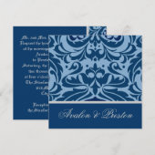Blue & Silver Damask Elegant Wedding Invitation Kaart (Voorkant / Achterkant)