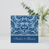 Blue & Silver Damask Elegant Wedding Invitation Kaart (Staand voorkant)