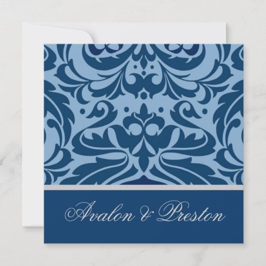 Blue & Silver Damask Elegant Wedding Invitation Kaart (Voorkant)