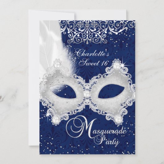 Blue Silver Damask Masquerade Sweet 16 Invite Kaart (Voorkant)