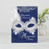 Blue Silver Damask Masquerade Sweet 16 Invite Kaart (Staand voorkant)