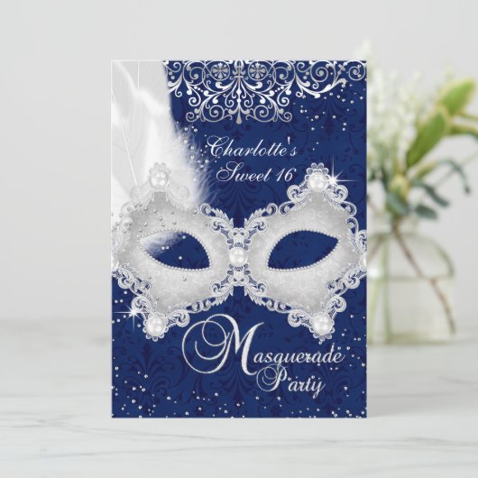 Blue Silver Damask Masquerade Sweet 16 Invite Kaart (Staand voorkant)