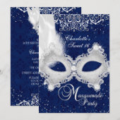 Blue Silver Damask Masquerade Sweet 16 Invite Kaart (Voorkant / Achterkant)