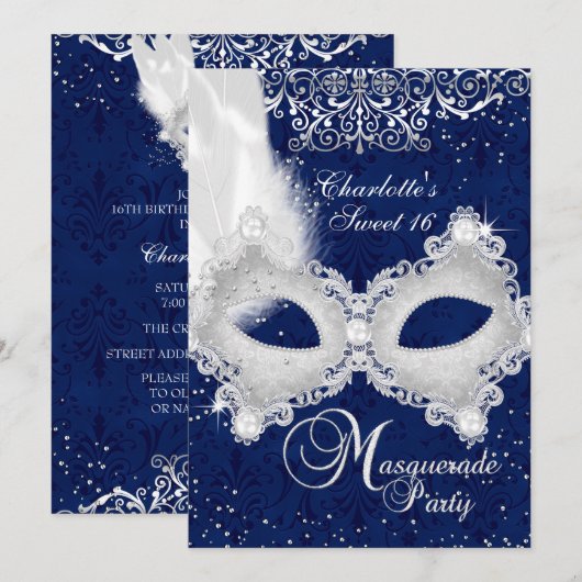 Blue Silver Damask Masquerade Sweet 16 Invite Kaart (Voorkant / Achterkant)