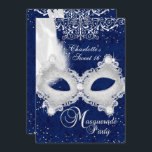 Blue Silver Damask Masquerade Sweet 16 Invite Kaart<br><div class="desc">Sweet 6 Masquerade Birthday party Invitation. Elegant wit pareldemasmasker en glinsterende juwelen. Let op: alle platte afbeeldingen!</div>