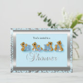 Blue & Silver Damask met Teddy Bear | BABY SHOWER Kaart (Staand voorkant)