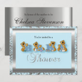 Blue & Silver Damask met Teddy Bear | BABY SHOWER Kaart (Voorkant / Achterkant)