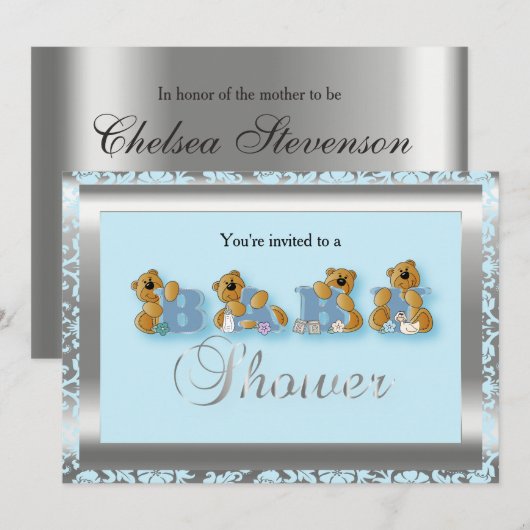 Blue & Silver Damask met Teddy Bear | BABY SHOWER Kaart (Voorkant / Achterkant)