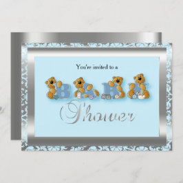 Blue & Silver Damask met Teddy Bear | BABY SHOWER Kaart