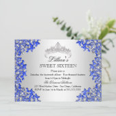 Blue Silver Damask Tiara Sweet 16 Uitnodiging (Staand voorkant)