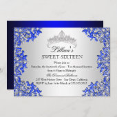 Blue Silver Damask Tiara Sweet 16 Uitnodiging (Voorkant / Achterkant)