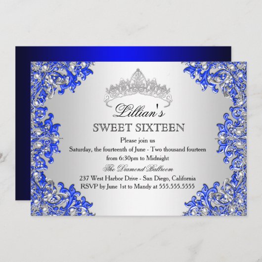 Blue Silver Damask Tiara Sweet 16 Uitnodiging (Voorkant / Achterkant)